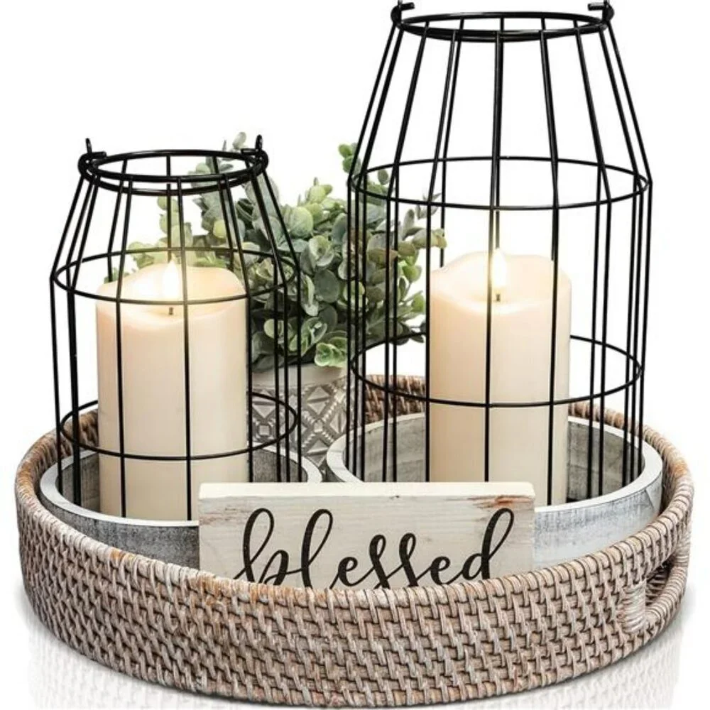 Rustic Farmhouse Lanterns Set of 2 White Metal Candle Holders Home